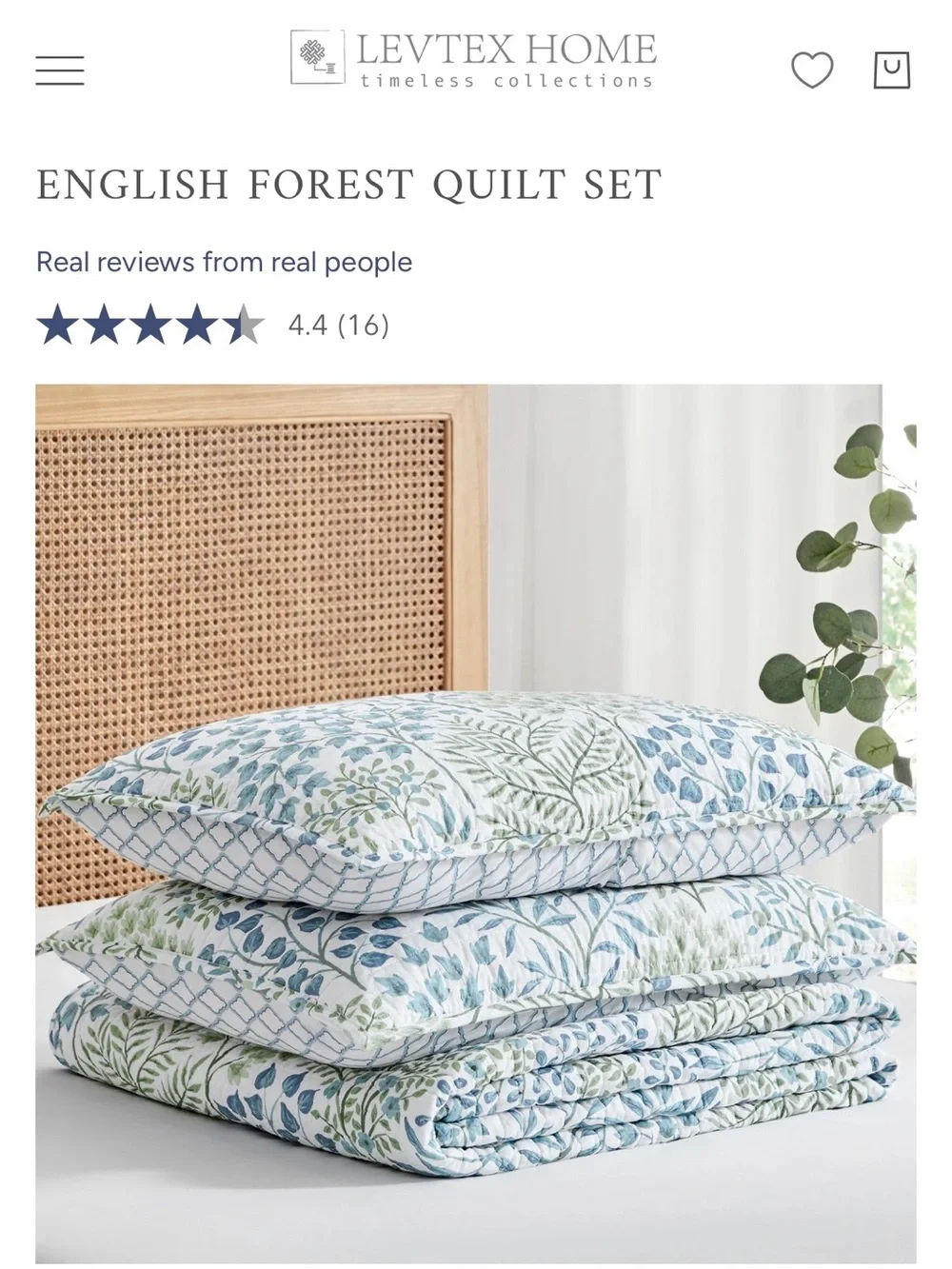 Levtex Blue and Green Botanical Quilt 2 pcs. Set. 🩵🤍💚 reversible pattern TWIN.